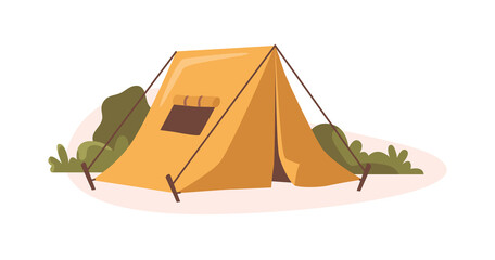 Camping and traveling, summer vacation and relax outdoors. Leisure and rest in nature. Campsite with tent for relaxing. Recreation and entertainment in mountains. Vector in flat style © Sensvector