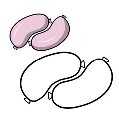 Juicy meat, delicious pink thick sausages, A set of pictures for a coloring book, vector illustration in cartoon style
