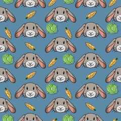 Blue print, Cute rabbits with green cabbage and orange carrots, Seamless pattern
