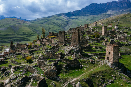 Ancient ruined medieval tower complex Tsimiti in North Ossetia, Aerial view