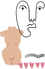 Hand drawn abstract vector illustration of woman body sculpture, one line art face, black waves, pink hearts and other graphic elements