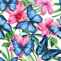 Fototapeta na wymiar Seamless pattern. Tropical flowers, blue butterflies and palm green leaves. Floral background. 