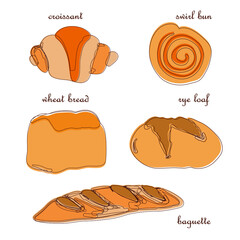 Bread types vector set. French croissant, swirl bun, white bread, rye loaf, baguette. Bakery menu.