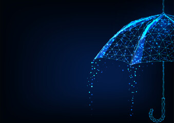 Futuristic umbrella with rain concept banner and copy space in glowing low poly style on blue - obrazy, fototapety, plakaty