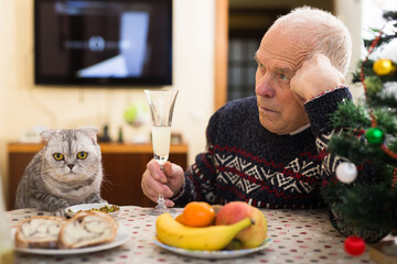 Lonely elderly man feeding cat at table during celebration of New Year