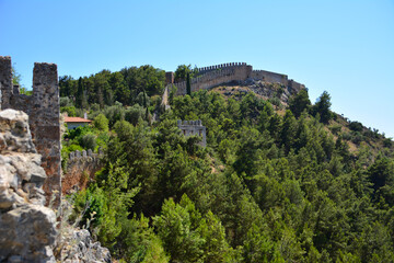 Fototapeta na wymiar ancient brick medieval wall on top of mountain among pine trees in sunny day