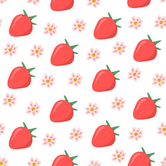Strawberry and flower seamless pattern. Vector Illustration for printing, backgrounds, covers, packaging, greeting cards, posters, stickers, textile and seasonal design. Isolated on white background.