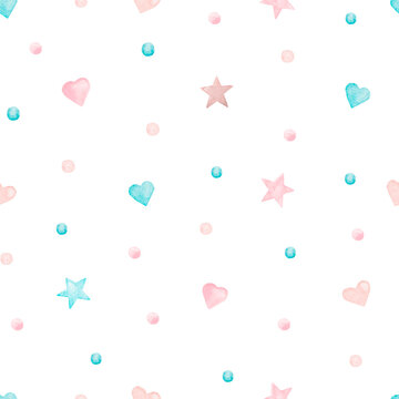 Seamless pattern in children's boho style. Watercolor cute stars. hearts and dots. Design for wallpaper, fabric, textile, print, packaging, baby room and newborn.