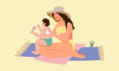 Mother applies sunscreen to the baby s skin. Kid Sun cream. Sun protection for kid skin. Summer vacation.