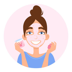 Cute girl with facial cosmetic mask. Bubble mask with raspberries. Vector illustration isolated on white background.