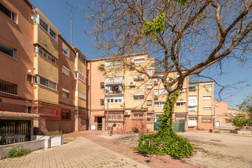 Fototapeta premium Interior facade of urban residential buildings with balconies facing a plaza paved with terrazzo tiles and a vine-covered tree