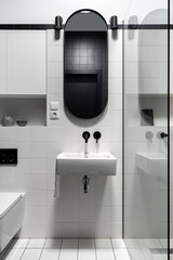 Modern oval mirror over bathroom washbasin