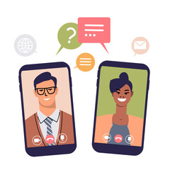 A man with glasses and a black woman communicate online using mobile phones. Businessman and business woman on phone screens with speech bubbles. The concept of virtual meetings. Flat vector isolated.