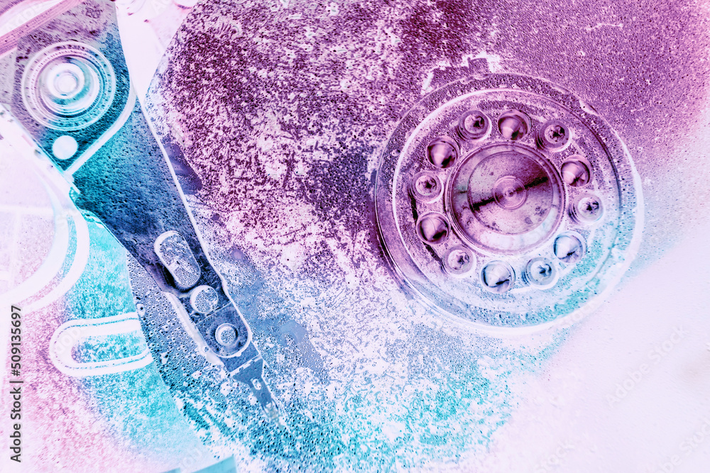 Poster Close up beautiful open detail frozen hard disk. Concept protection information or save user data.