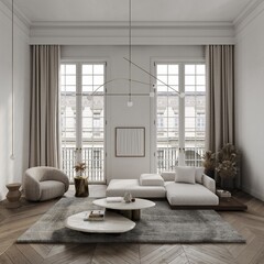 White living room in classical style interior mockup 3d render with large windows and view to classic building