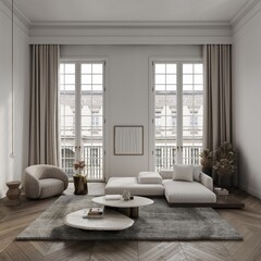 White living room in classical style interior mockup 3d render with large windows and view to classic building