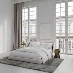 White bedroom in classical style interior design mockup 3d render with large windows, bed and view to classic building