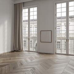 Obraz premium White empty room in classical style interior mockup 3d render with large windows and view to classic building