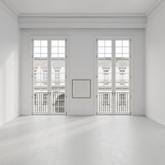 White  empty room in classical style interior mockup 3d render with large windows and view to classic building