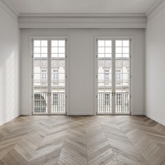 Fototapeta na wymiar White empty room in classical style interior mockup 3d render with large windows and view to classic building