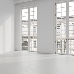 White  empty room in classical style interior mockup 3d render with large windows and view to classic building