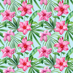 Watercolor seamless pattern tropical leaves and flowers, jungle background.