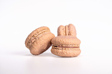 macarons, confectionery sweet product, pink macarons isolated on white background