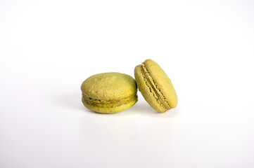 macarons, confectionery sweet product, green macarons isolated on white background