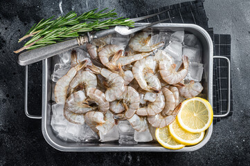 Raw pacific white shrimp prawn peeled with tail on ice. Black background. Top view