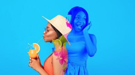 Emotional african american lady posing on blue, collage