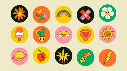 Set of Vector highlight covers. Collection of elements in trendy retro cartoon style. Hand drawn templates. Round icons for social media stories. Perfect for bloggers