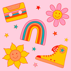 Vector set from 1970 vibe: сassette, rainbow, gumshoes, sunflower and daisy in bright colors.