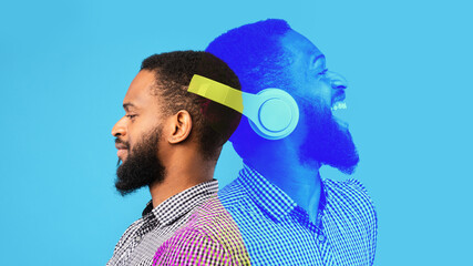 Happy african american guy in shirt listening to music