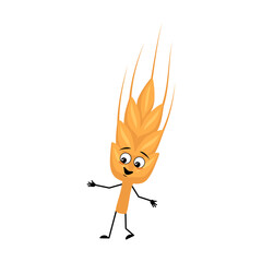 Cute ear of wheat character with joyful emotions, happy face, smile eyes, arms and legs. Healthy cereal with funny expression and posture, vitamin rich food. Vector flat illustration