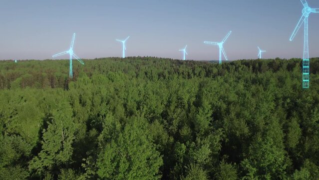 Wind generators appear in the green forest. 3D rendering of windmills growing in different places in the forest. Renewable alternative energy sources, clean green electricity, wind power conversion.