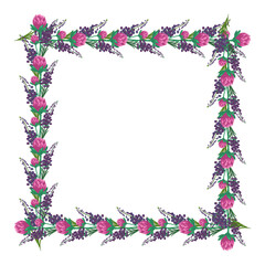 Square frame of pink clover flowers and purple wild plants. Wreath, cute bright plant with shamrock leaves. Festive decorations for wedding, holiday, card, poster and design. vector flat illustration