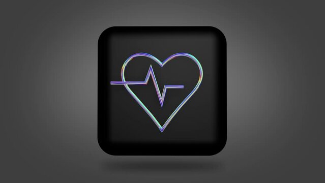 The appearance of a holographic icon on a black cube from a vortex of particles. The symbol of the heart and heart rate in the form of a brilliant rainbow outline.