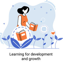 Learning development and growth. Self-learning metaphor, online emoloyee education distance e-learning. Skill improvement. Self development program way to success. Goal achieving professional training