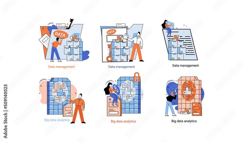 Aufkleber big data analytics platform, data management and protection creative metaphor set abstract concept. 
