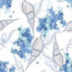 Watercolor painting seamless pattern with blue waterc element and white sea shells - 509140416