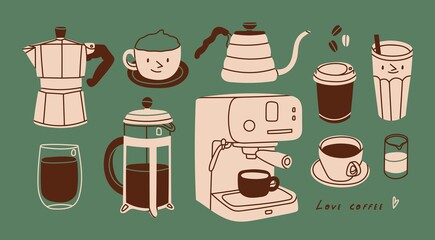 Coffee brewing equipment. Isolated coffee elements set. French press, coffee machine, grinder, mug, cup, milk pitcher, kettle. Collection for menu, coffee shop. Hand drawn modern Vector illustration - obrazy, fototapety, plakaty