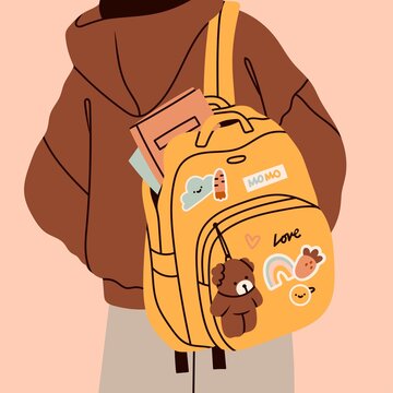 Person wearing oversized clothing standing with yellow backpack. Rear View. Backpack with books, toy and patches. Back to school, college, education, study concept. Hand drawn Vector illustration