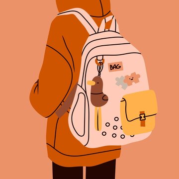 Person wearing oversized clothing standing with backpack. Rear View. Backpack with toy, patch, tag. Back to school, college, education, study concept. Hand drawn Vector illustration
