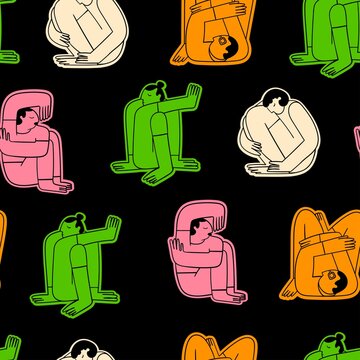 Diverse people sitting or lying in different poses. Cute abstract disproportionate characters. Hand drawn modern Vector illustration. Cartoon trendy style. Square seamless Pattern, background
