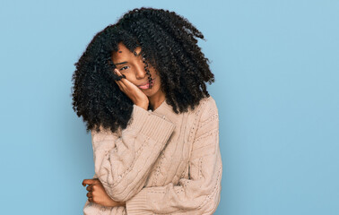 Young african american girl wearing casual clothes thinking looking tired and bored with depression problems with crossed arms.