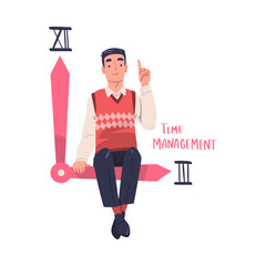Man Character Sitting on Clock Hand Planning Time and Event Managing Schedule Vector Illustration