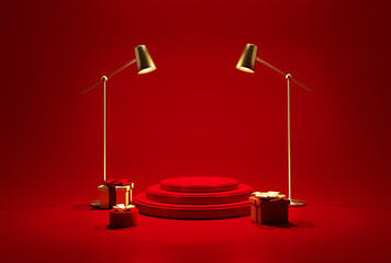 Red Winner stage, podium illuminated by floor lamps.Torchiere pedestal with illuminated projector, gift boxes. Light sources, flood light. Concept for presentation product. 3d render image 