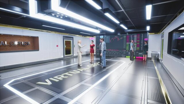 Human avatars, office workers communicate and interacting in the metaverse. Meetings in virtual space, artificial world. Cross-platform social networking. Metaverse as a virtual co-working