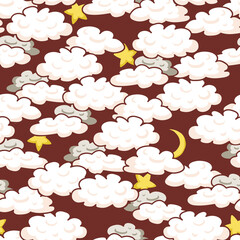 Doodle Cloudy Night Sky with Stars and Moon Vector Seamless Pattern
