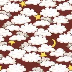 Rolgordijnen Doodle Cloudy Night Sky with Stars and Moon Vector Seamless Pattern © Farijazz